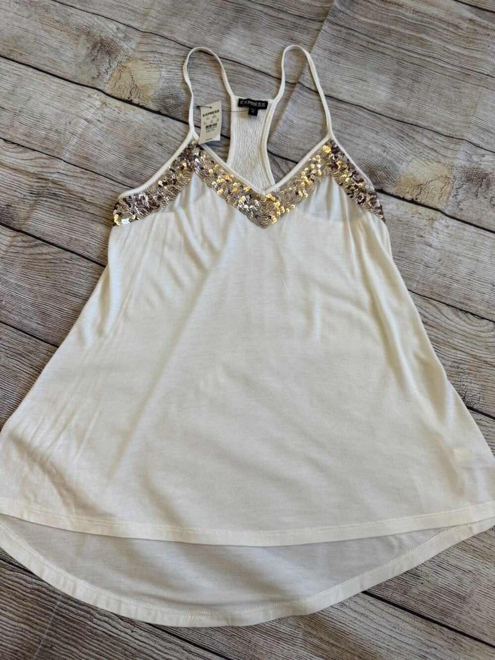 Express Cream Racerback Spaghetti Strap W Gold Sequins Tank Small NEW w Tags